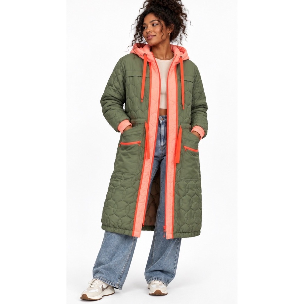 Daily Practice Anthropologie Quilted Oversized Long Coat Olive Womens Size XXS